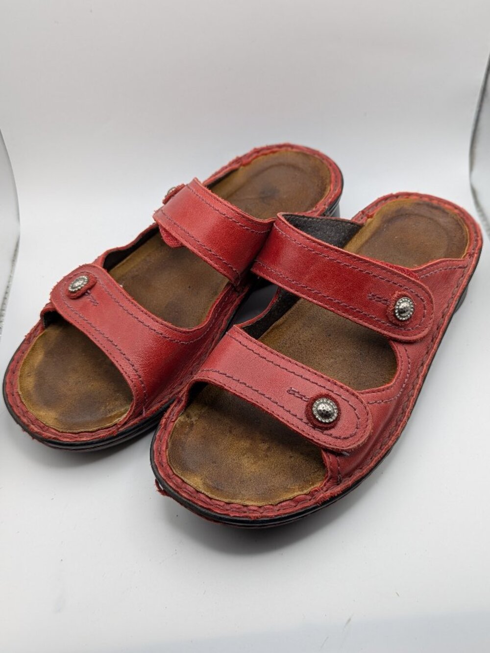 Naot Red Leather Double Strap Slide Sandals Ornament Detail